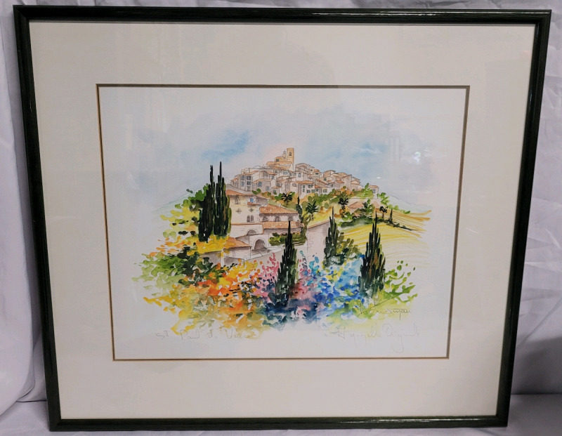 " Saint Paul de Vence " Framed Watercolor Signed by Artist CHRISMAU . Measures 28 1/4"×24 3/4"