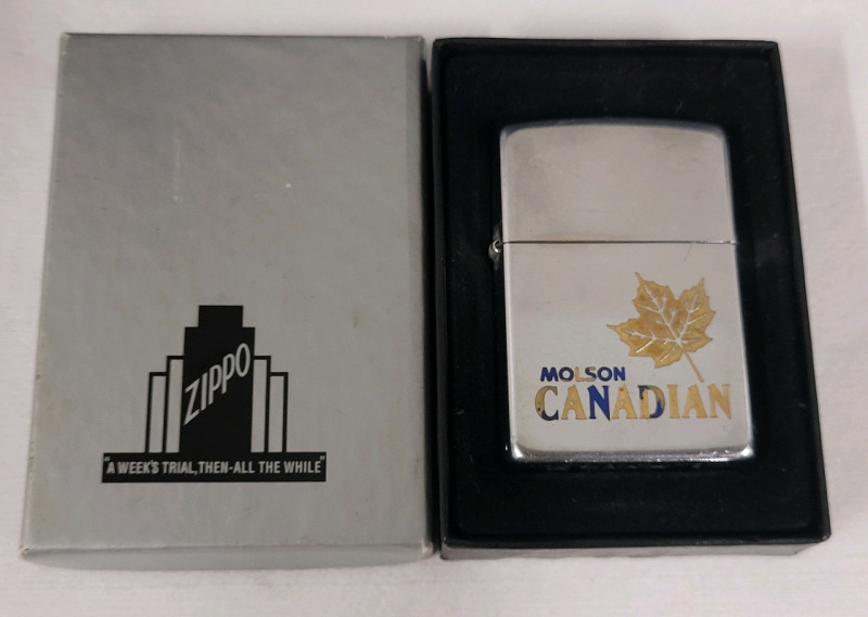 1995 ZIPPO Molson Canadian Lighter , Pre-owned w/Box . Made in Niagara Falls