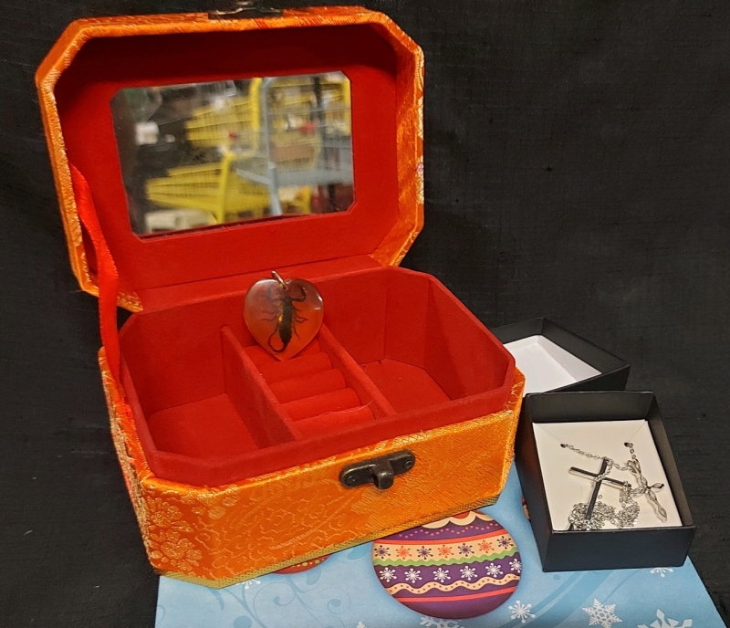 Jewelry Box, 3 Pendants (2 Crosses, 1 Scorpion Encased in Resin) + Photo Album