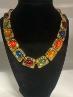 Chunky Gold Tone Art Deco Oval Cab Necklace