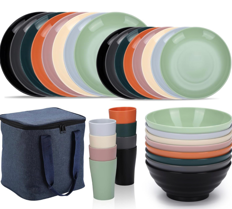 Plastic Dinnerware Sets 32 Piece Service for 8 with a Portable Oragnizer Bag Reusable Plates and Bowls Sets Include Cups Bowls Dishes