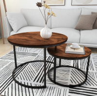 New Round Nesting Coffee Table Modern Nesting Side Set of 2 End Table Round Wooden Accent Coffee Table with Solid Powder-Coated Metal Frame Rustic Brown / Black Retail $109