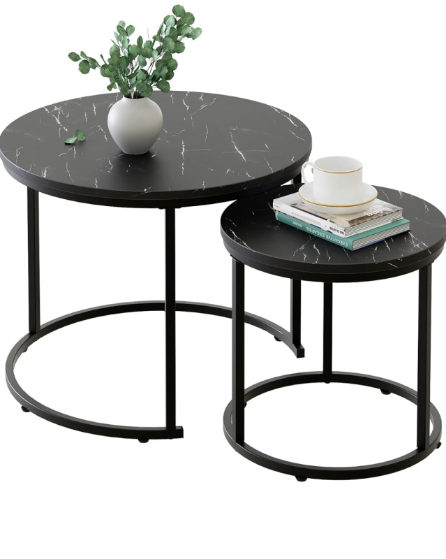 New Modern Nesting Round Coffee Tables Set of 2 Tempered Glass Faux Marble Finished Texture Outdoor and Indoor Nested End Tables Stacking Table Color : Two Black+Black Retail $90