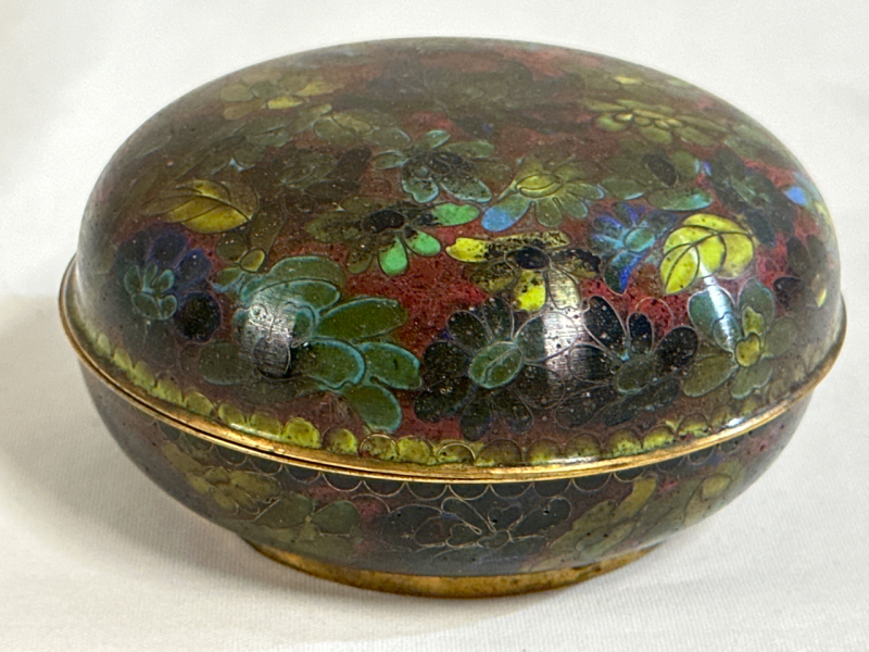 Vintage Brass Cloisonne Small Trinket Box Blue Inside & Bottom Flowers Outside 4&rdquo; Dia 2&rdquo; Tall No Chips or Cracks