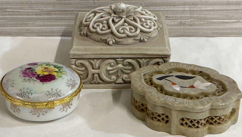3 Trinket Boxes Including a Soap Stone 4&rdquo; x 1.5&rdquo; With Beautiful Inlay On Lid - White Floral Box With Gold Trim 3&rdquo; x 1.5&rdquo; - Ceramic Royal Garden 4&rdquo; x 3&rdquo; No Chips or Cracks