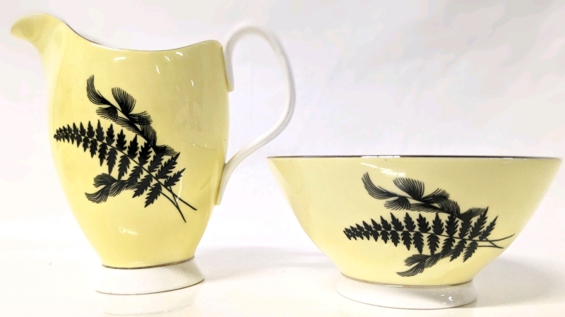 Vintage Royal Albert Yellow "Night & Day " Fern Pattern Creamer 4.75" & Bowl 4.6"D x 2.25"