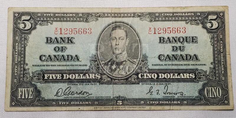 1937 Canada Five Dollar Bank of Canada Bank Note