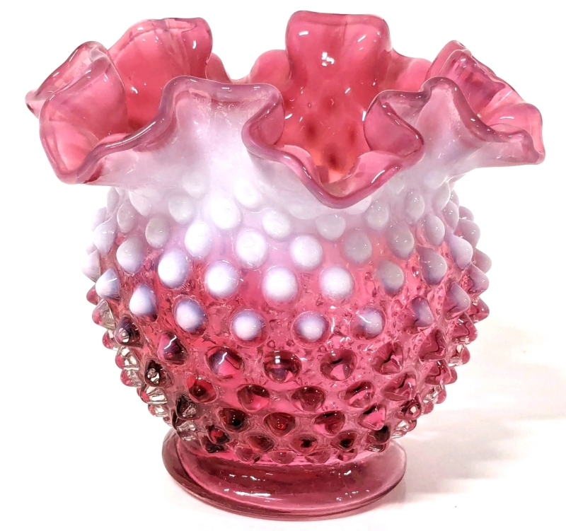 Vintage Signed Fenton Cranberry Glass Hobnail Ruffled Opaline Rim Vase | 4.5" Tall