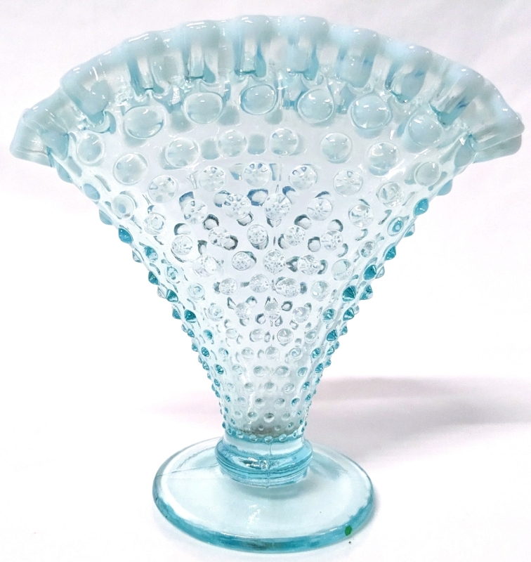 Vintage Unsigned Fenton Light Blue Opalescent Glass Hobnail Fan Vase with Ruffled Rim | 4.2" Tall