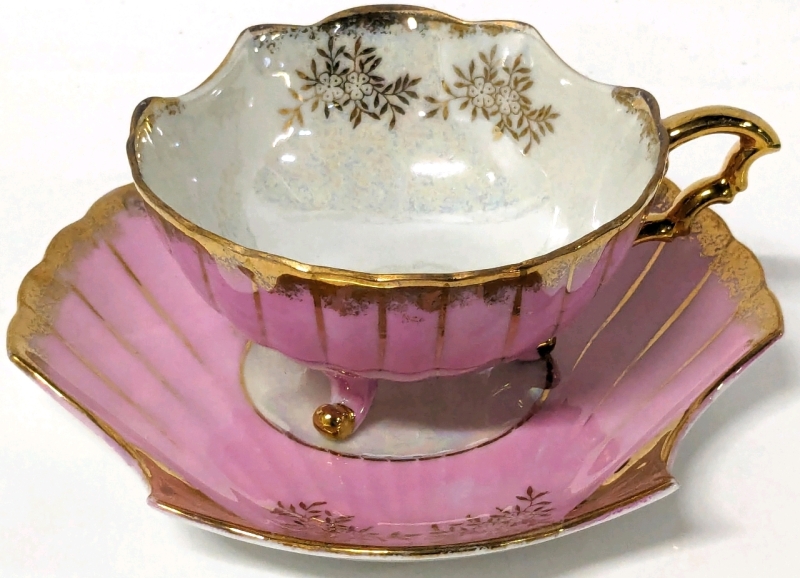Vintage CRSTLE China Pink & Gold Footed Opalescent Sea Shell Cup & Saucer
