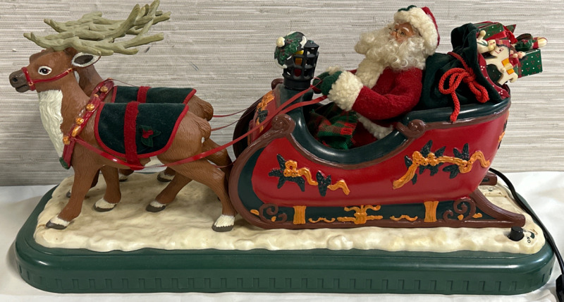 Vintage 1995 Holiday Creations Animated Santa Sleigh & Reindeer Tested Works Approximately 24&rdquo; Long 12&rdquo; Tall Santa&rsquo;s Lanterns Craked