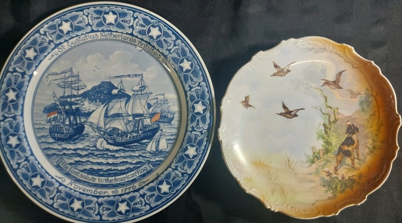 Vintage Connectors Plates Owl Delfts Made In Holland "The Forest Salute To The American Flag" 13" Diameter And Leughtenburg Germany Untitled Dog With Ducks 10" Diameter