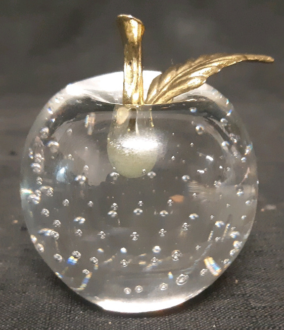 Vintage Clear Controlled Bubble Glass Apple-Shaped Paperweight With Brass Stem & Leaf 3" Tall