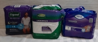 Full But Open Pack of Depend Underpads, New Pack of 14 Depends Underwear Size L & an Open Pack of 14 Tena Overnight Underwear Size M