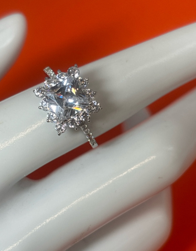 Dazzling 925 Sterling Silver CZ Square Halo Ring