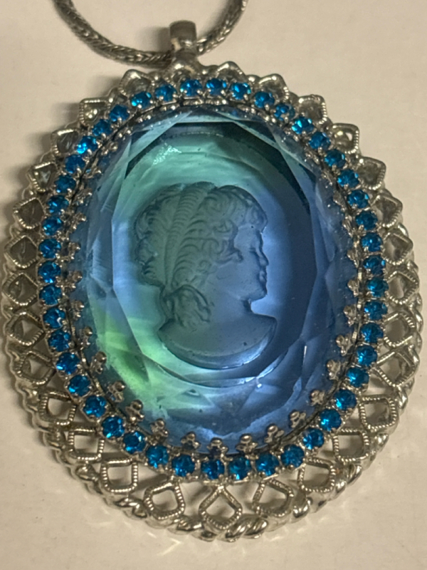 Etched Blue Glass Cameo Blue Rhinestone Oval Frame Necklace