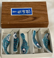 5 Vintage Japanese Japan Ceramic Porcelain Fish Chopstick Knife Fork Rests 2-1/2” 5 Piece Box Set