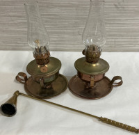 2 Vintage Small 4” Copper Oil Lamps 8” With Glass and a 11” Brass Candle Snuffer No Maker Marks