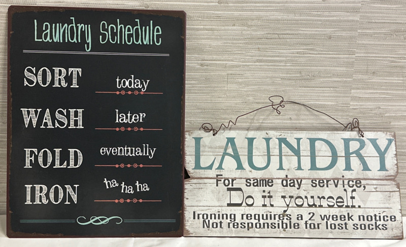 2 Funny Laundy Decor Signs Metal 14” x 10” Laundry Schedule Sign and a 7” x 13” Wood Laundry For The Same Day Service Do It Yourself Sign Wall Hangers