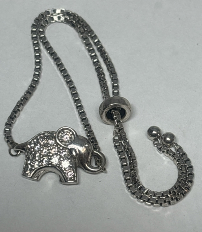 925 Sterling Silver CZ Elephant Bolo Bracelet