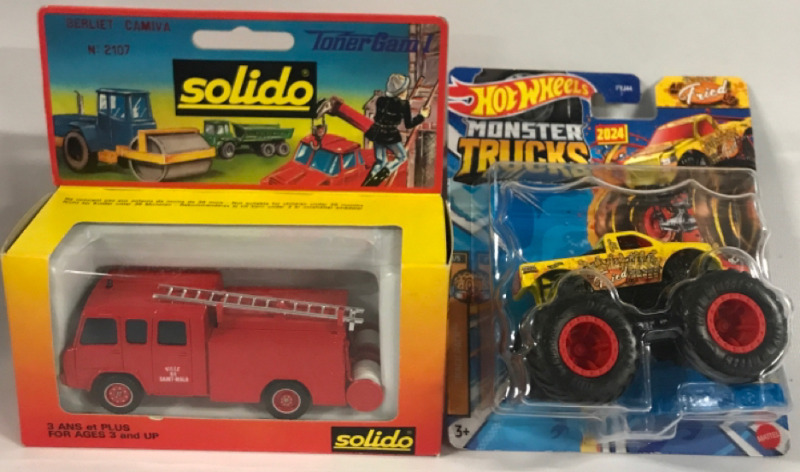 New Solido Toner Gam I Berliet Camiba No 2107 & Hot Wheels 2024 Monster Trucks All Fried Up