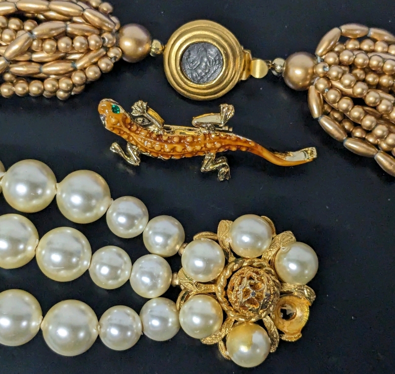 Vintage Pearl & Gold-Tone Bracelet (7" Long), Salamander Brooch (1.75" Long) & Gold Beaded Multi-Strand Necklace (16" Long)