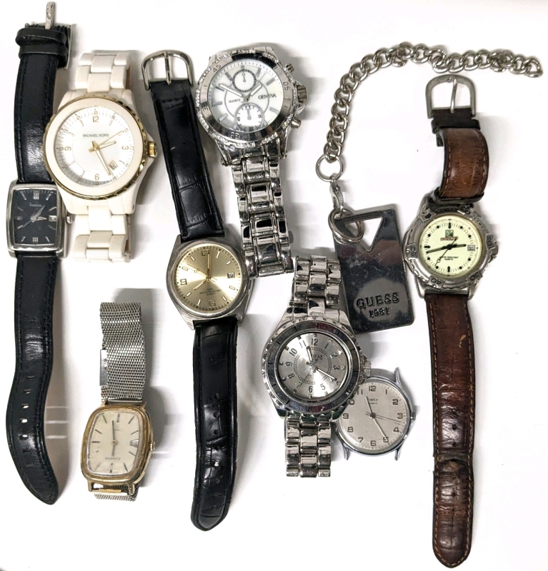 Assorted Vintage to Modern Analog Watches (incl Michael Kors MK-5249, Timex, Fossil +) & Vintage 1981 Metal GUESS Tag | As-Is