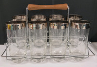 Vintage MCM Silver Rimmed Highball Glasses with Chrome Caddy