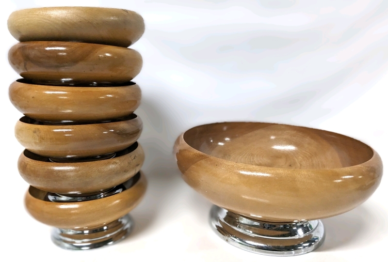 Vintage Mid Century Modern Footed Wood Bowl Set : 1 Large Bowl (9.75"D) & 6 Smaller Individual Bowls (6" D)