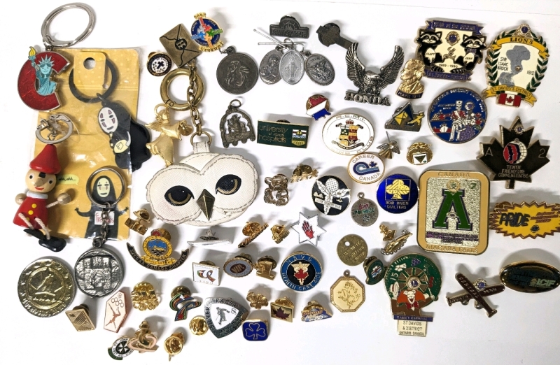 Assorted Vintage to Modern Pins & Badges, Keychains & Saint Medallions +