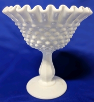 Vintage Unsigned Fenton Hobnail Ruffled Milk Glass Footed Pedestal Candy Dish | 5.5" Diameter x 5.75" Tall