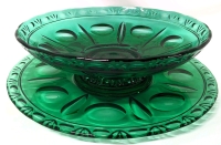 Large Vintage Emerald Green Glass Serving Bowl (12" D x 3.5" Tall) with Large Matching Round Serving Dish (14" D)