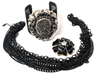 Vintage to Modern Black Statement Jewelry: Large Cuff Bracelet (2" - 2.75" Wide) , Black & Silver Tone Brooch (1.75") & Long Multi-Strand Black Enamel Necklace (20+" Long)