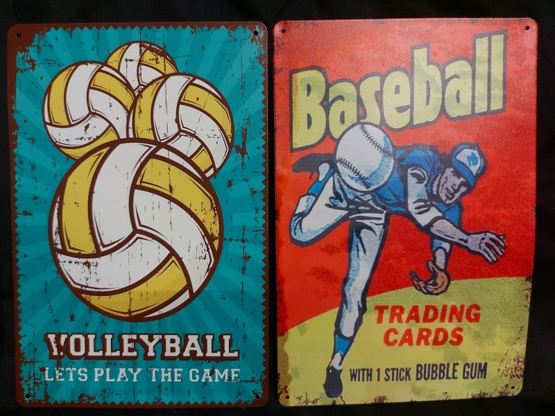 2 New Metal Signs Volleyball Let's Play The Game And Baseball Trading Cards With 1 Stick Bubble Gum 8"x12"