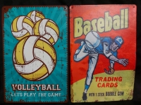 2 New Metal Signs Volleyball Let's Play The Game And Baseball Trading Cards With 1 Stick Bubble Gum 8"x12"