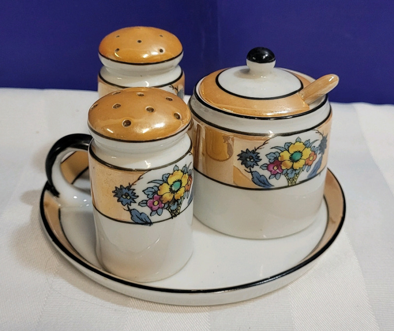 Vintage Noritake Lusterware Salt Pepper Condiment Set with Tray . Made in Japan