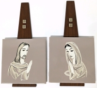 Vintage Mid Century Modern Teak & Ceramic Tile Mary and Jesus Wall Plaques | 12" Long ea