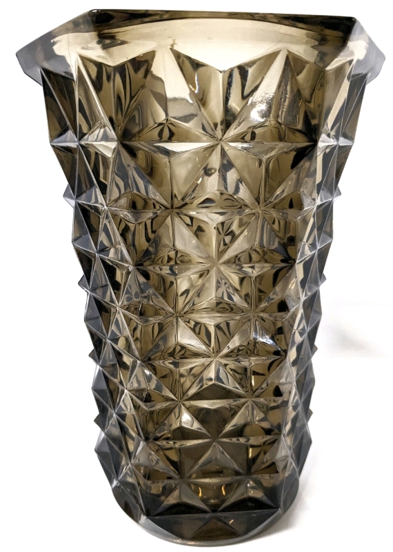 Vintage Massif Depression Glass Vase Dark Smoke Diamond Point Smokey Glass Vase | Made in France | 8" Tall