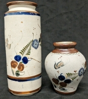 2 Vintage Handpainted Mexican Folk Art Earthenware Pottery Vases | 1 Signed | 6.5" - 10.75"