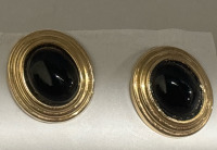 10K Yellow Gold Black Stone Stamped Pierced Oval Earrings