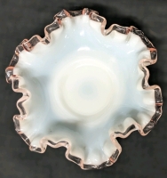 Vintage Unsigned Fenton Opalescent Rose Crest Ruffle on White Milk Glass | 6" x 4.5" x 1.75" Tall