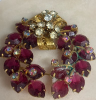 Austria Signed Czeck Crystal Pink AB Tendril Brooch Clear Rhinestones
