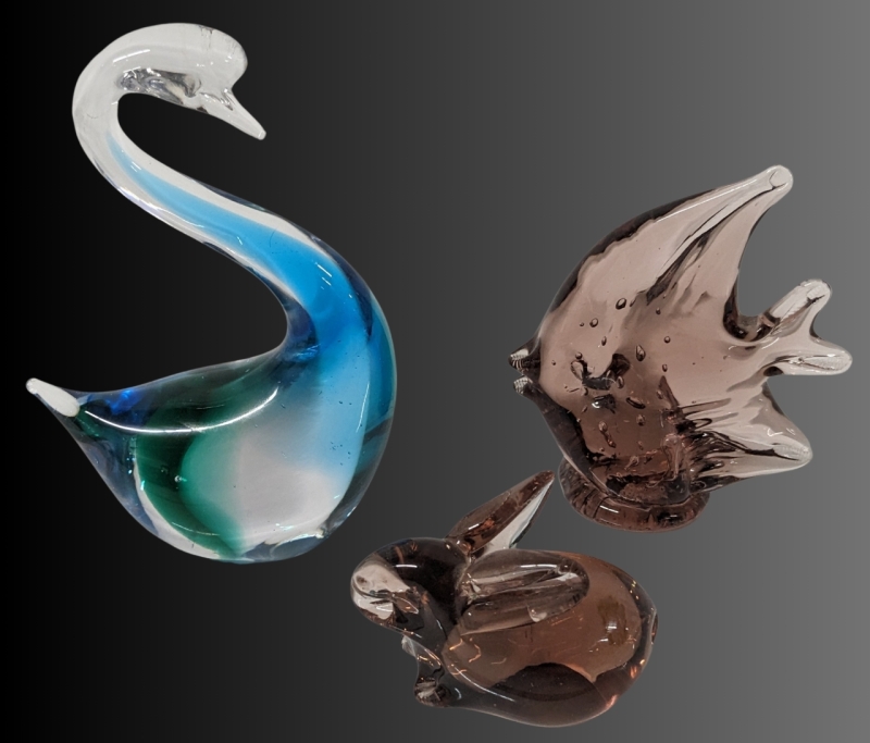 3 Vintage Figural Art Glass Paperweights | Swan, Bunny & Tropical Fish | 2" - 5.2" Tall