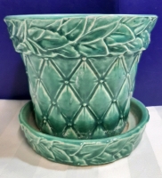 Vintage McCoy Pottery Teal Green Diamond Quilted Leaf Border Planter Pot With Saucer