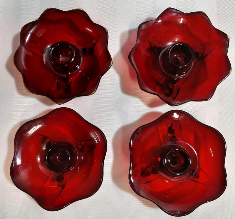 4 Vintage Unique Ruby Red Glass Tapered Candle Holders 3 Leg Pedestal