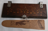 Vintage Acme Wooden Tie Press ,with inlaid marquetry ,with the Acme Tie Q card to improve the shape of the tie.