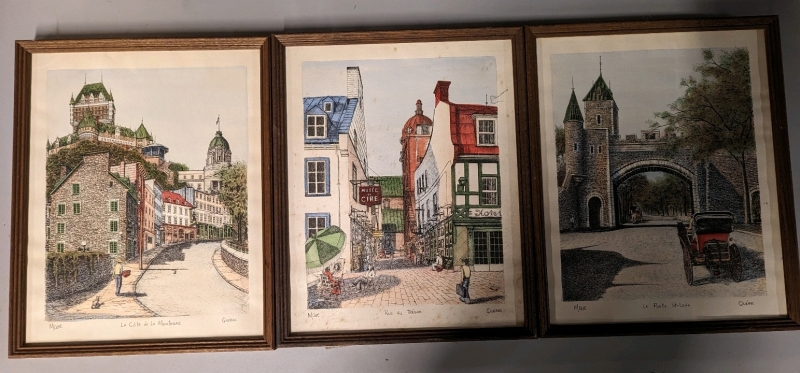 3 Framed Signed Lithographs Of Quebec Landmarks. 21.5" by 17.5"