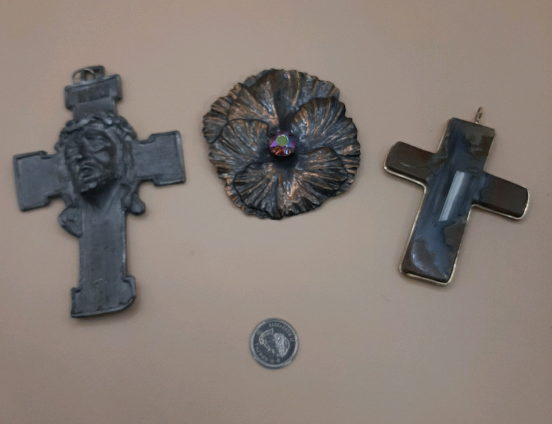 Vintage Crucifix, a Cross Pendant Made of Stone and a Metal Flower Brooch