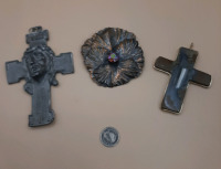 Vintage Crucifix, a Cross Pendant Made of Stone and a Metal Flower Brooch