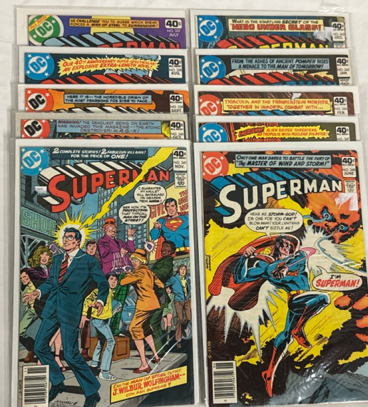 10 Superman DC Comics Issue #337, 338, 339, 340, 341, 342, 343, 344, 347 & 348 Bronze Age Vintage Bagged and Boarded